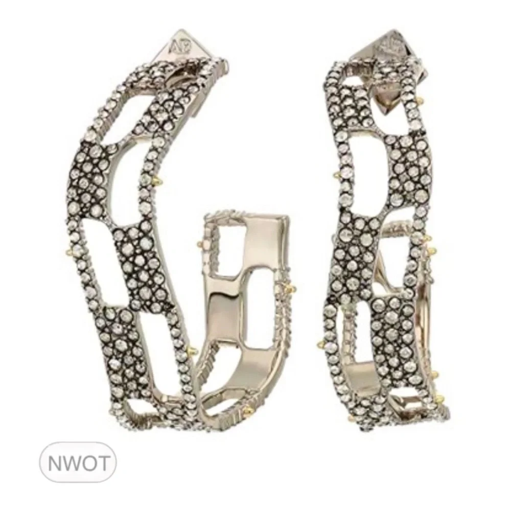 ALEXIS BITTAR • Silver Crystal Georgian Checkerboard Wavy Hoop Earrings
